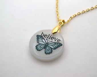 Handmade Resin Pendant Believe Necklace with Gold Chain - Glittery White Circle & Blue Butterfly Design - Christian Jewelry for Women