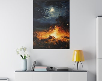 Original Landscape painting Camp fire painting Full Moon PaintingMatte Canvas, Stretched, 0.75"