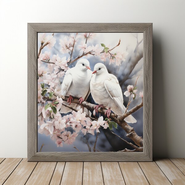 Aesthetic Printable Vintage Painting White Doves Cherry Blossom Tree Flowers Wallpaper Background Beautiful Bird Painting Spring Painting