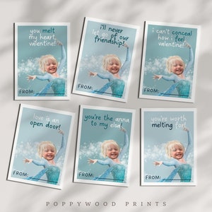 Personalisierte Frozen Elsa Benutzerdefinierte druckbare Valentinstagskarten für Kinder - Sofortiger Download Klassenzimmer-Valentinstagskarten