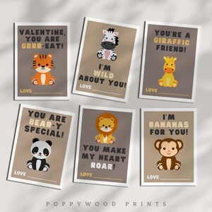 Tarjetas de San Valentín imprimibles con animales de Safari para niños - Tarjetas de San Valentín para el aula de descarga instantánea - Tarjetas de San Valentín digitales
