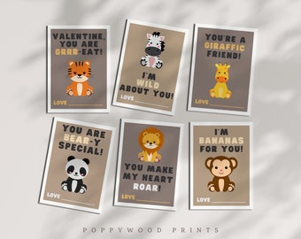 Safari Animals Cartes de Saint-Valentin imprimables pour enfants - Téléchargement instantané de cartes de Saint-Valentin en classe - Cartes de Saint-Valentin numériques