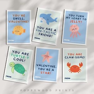 Sea Animals Printable Valentine Cards for Kids - Instant Download Classroom Valentine&#39;s Day Cards - Digital Valentine Cards