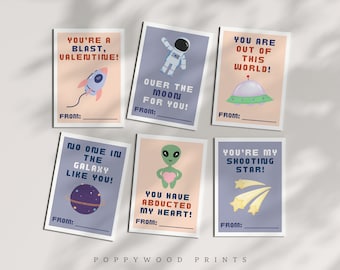 Outer Space afdrukbare Valentijnskaarten voor kinderen - Instant Download Valentijnsdagkaarten in de klas - Digitale Valentijnskaarten