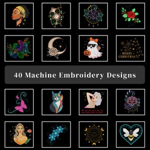 May include: A collection of 40 machine embroidery designs on a black background. Designs include a woman's profile, flowers, a parrot, a ghost with a pumpkin, a cat, a butterfly, and a bee. Text reads "MERRY CHRISTMAS" and "We are all stars, but we must learn how to shine."
