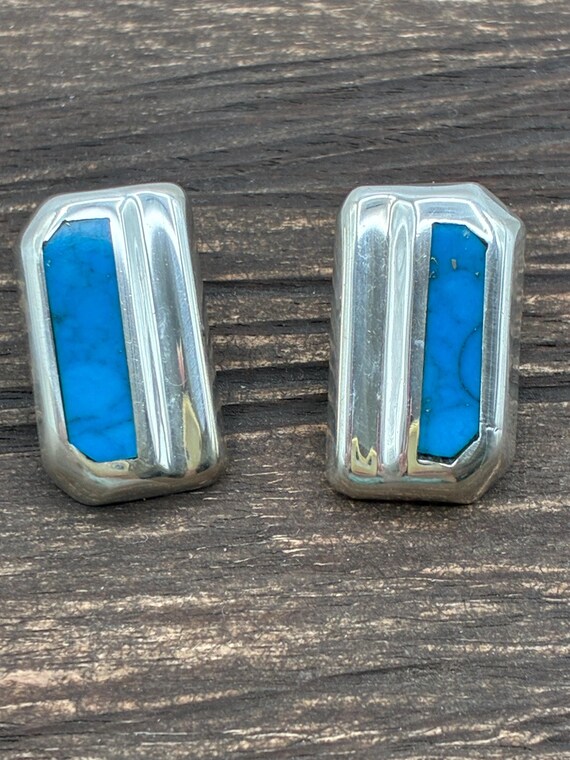 Taxco Sterling Silver & Turquoise Inlay Modernist Stud Earrings View 2
