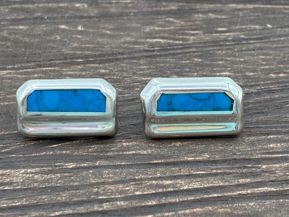 Taxco Sterling Silver & Turquoise Inlay Modernist Stud Earrings View 4
