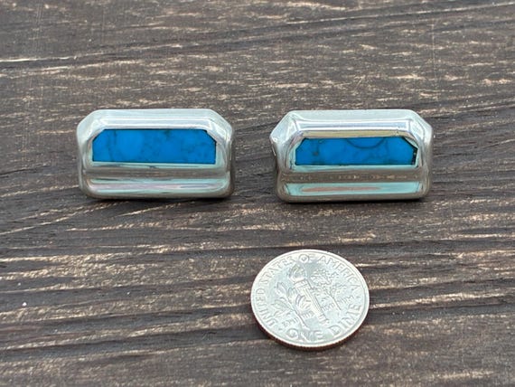 Taxco Sterling Silver & Turquoise Inlay Modernist Stud Earrings View 6