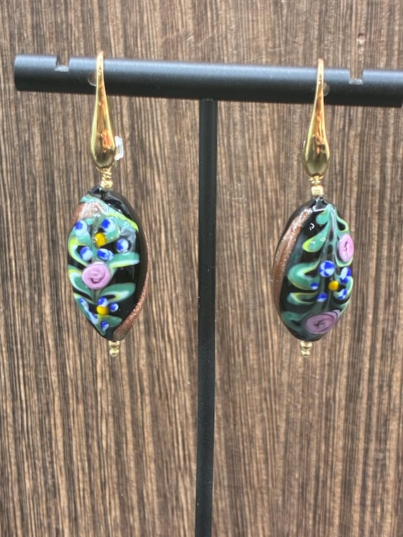Venetian Glass Bead Earrings with Sterling Silver | Floral Motif Murano Lampwork