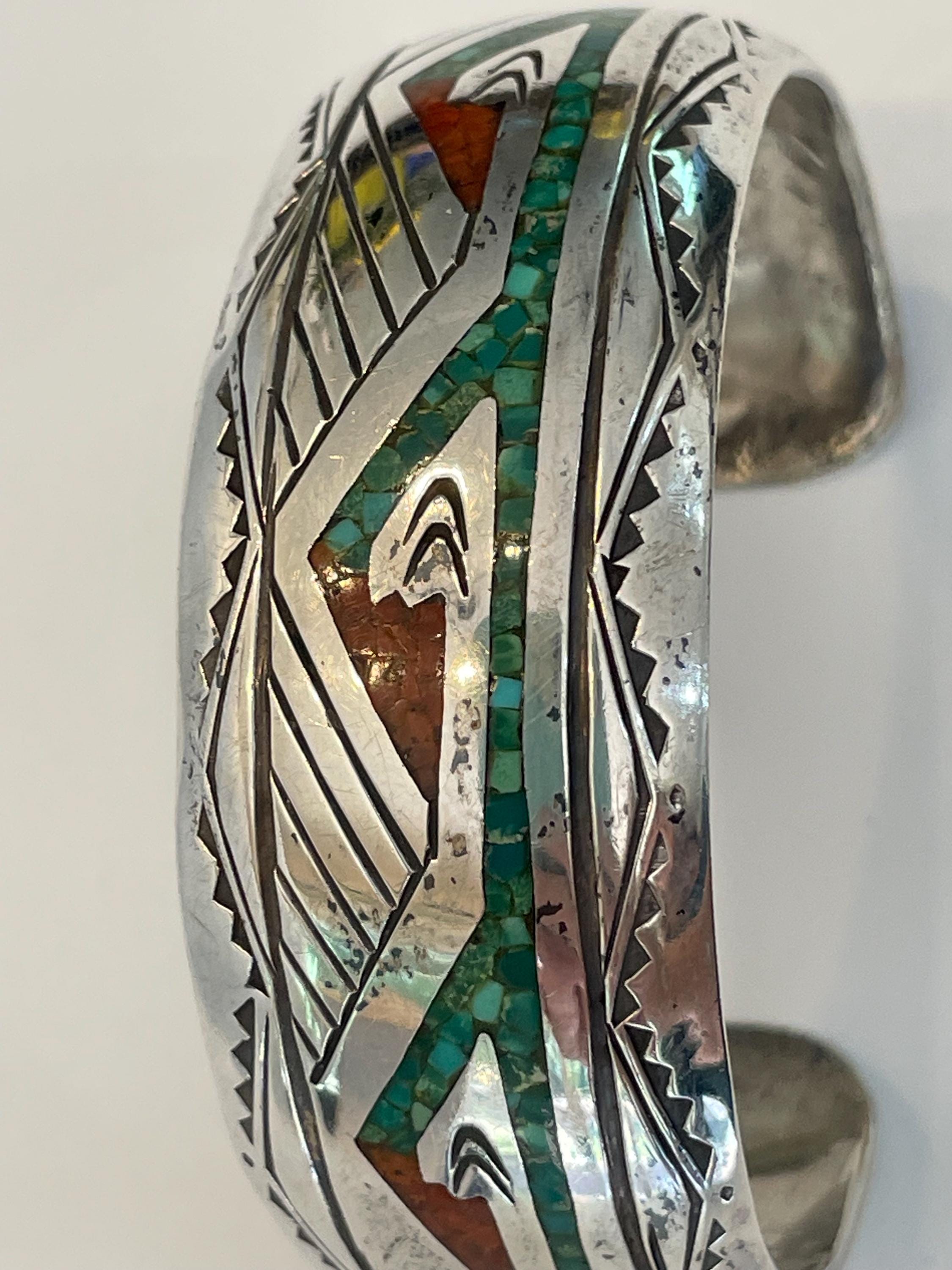 Vintage Navajo Sterling Silver Cuff Bracelet 7.25" Turquoise & Coral ...