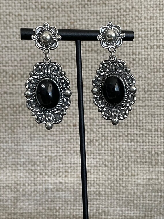 Vintage Mexican Silver Earrings Black Onyx Marcasi