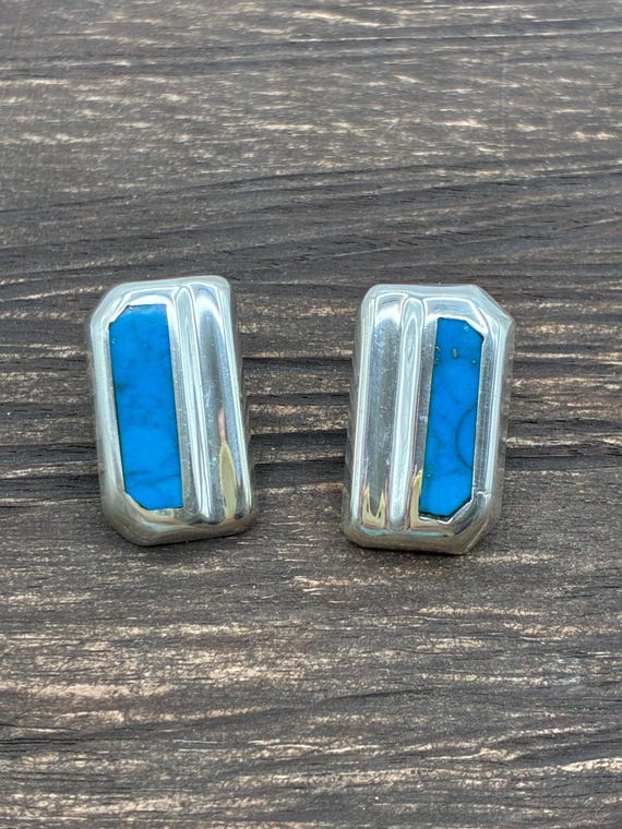 Taxco Sterling Silver & Turquoise Inlay Modernist Stud Earrings