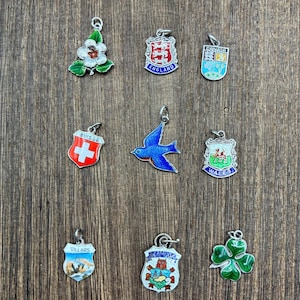 May include: A collection of nine silver-toned metal charms featuring colorful enamel designs, including a white flower, the England shield, a Canada crest, a Swiss shield, a blue bird, a Wales crest, a Villars shield, a crest, and a green clover.