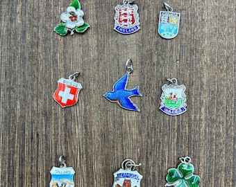 May include: A collection of nine silver-toned metal charms featuring colorful enamel designs, including a white flower, the England shield, a Canada crest, a Swiss shield, a blue bird, a Wales crest, a Villars shield, a crest, and a green clover.