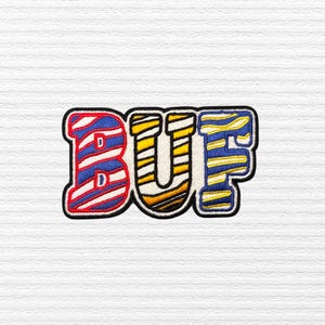 May include: Embroidered patch featuring the letters "BUF" in a bold, stylized font. The "B" is red with white and blue stripes, the "U" is yellow with black and orange stripes, and the "F" is blue with yellow stripes. The patch has a black border.