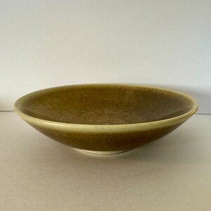 May include: A brown ceramic bowl with a light green rim. The bowl has a speckled glaze and a slightly rounded shape.