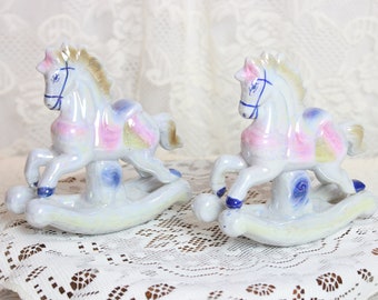 Pair of Vintage Ceramic Carousel Rocking Horses - 2 Vtg Pottery Horse Figurine with Iridescent Finish and Hand Painted Details