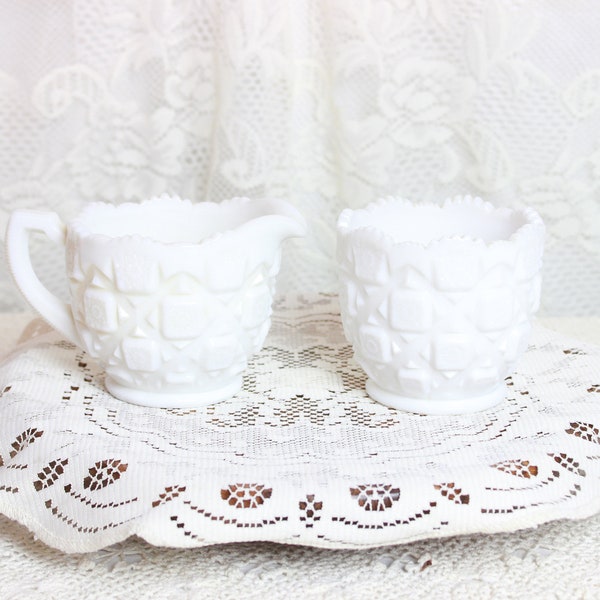 Vintage Milk Glass Creamer and Sugar Bowl Set - Vtg Westmoreland Old Quilt Pattern White Milk Glass Footed Cream and Sugar Set