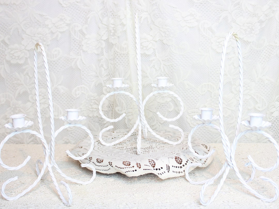 Set of 3 Vintage White Metal Double Candlestick Holders - Vtg Twisted ...