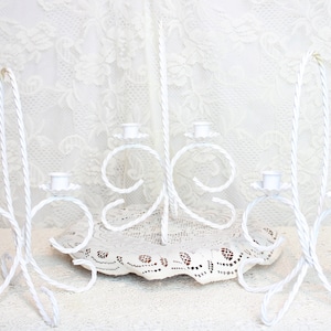 Set of 3 Vintage White Metal Double Candlestick Holders - Vtg Twisted Wire Candle Holders