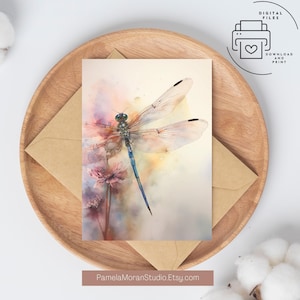 Alle Anlässe Libelle Grußkarte in Soft Aquarell Pastellen: Instant Download PDF, Printable 5x7, Umschlag und Liner Vorlagen