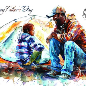 Feliz Día del Padre: Tarjeta imprimible de 13x18 cm con acuarela negra: Padre e hijo acampando. Descarga instantánea en PDF. Incluye sobre y plantilla de forro.
