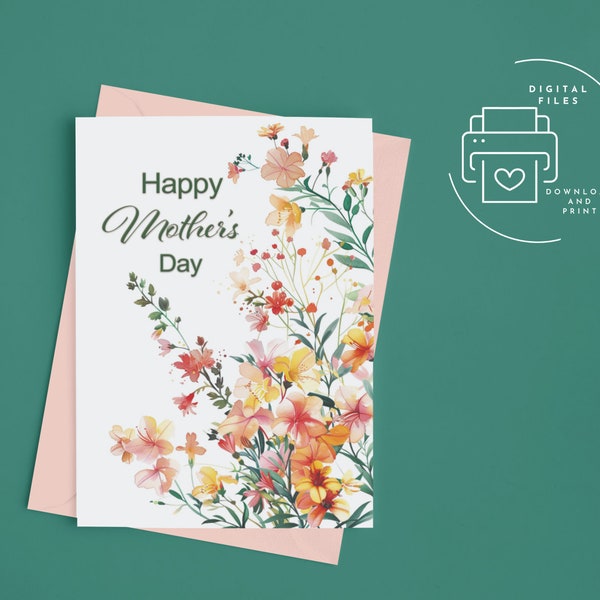 Happy Mother's Day: Watercolor Bouquet of Spring Flowers, Printable 5x7 Card, Instant Download PDF, Card, with Envelope and Liner Template