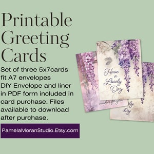 Pacote de 3 cartões de felicitações artesanais - Flores de glicínias em aquarela, download instantâneo com envelope correspondente e modelo de forro em PDFs