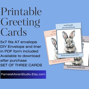Niektóre karty Bunny Loves You w 3 różnych kolorach: Karty do druku 5x7, pliki PDF do natychmiastowego pobrania, szablony kart i kopert oraz wkładki do kopert