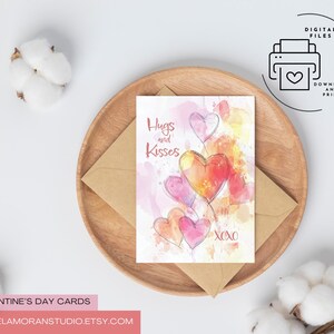 Hugs and Kisses XOXO: Watercolor Balloon Hearts Printable Greeting Card