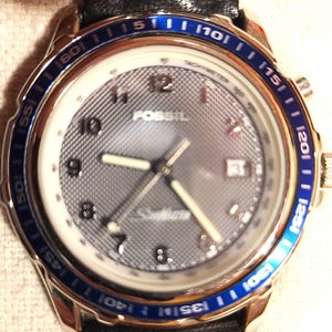 Vintage &quot;StarMaster&quot; Fossil Watch with leather band, never worn, still in the original 1990&#39;s tin box