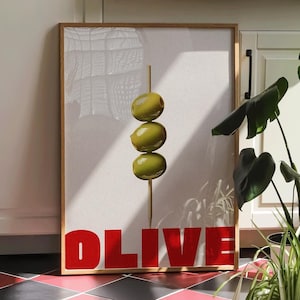 Impresión de aceitunas para cócteles, póster de martini, arte de pared minimalista, menú de cócteles, póster de alcohol, dibujado a mano, bebidas de barra de cocina, impresión artística de aceitunas