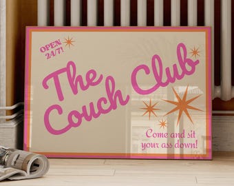 Couch Club Print, Retro Y2K Living Room Art, Pink and Orange Wall Art
