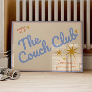 Couch Club Living Room Print, Retro Y2K Wall Art, Blue Decor image 1