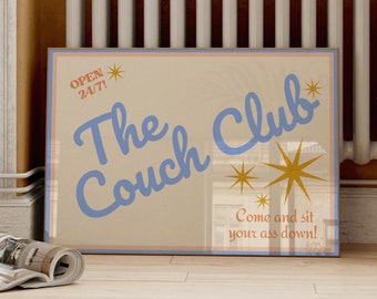 Couch Club Living Room Print, Retro Y2K Wall Art, Blue Decor
