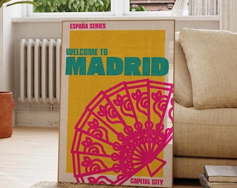 Retro Madrid Travel Poster, Bold Spanish Fan Print, Living Room Wall Art
