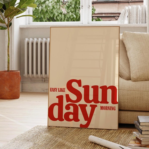 Easy Like Sunday Morning Print, Retro Lyric Wall Art, Red and Cream Poster