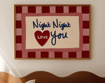 Lámina "Buenas noches, te quiero", arte de pared retro para dormitorio, borde de cuadros vichy.