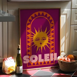 Boho Sun Art Print, Retro Soleil Wall Art, Bold Sunburst Poster, Vintage Sun Art, Purple and Orange Art, European Art, French Poster