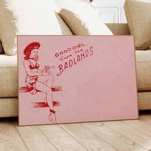 Cowgirl Poster Print, Retro Wall Art, Pink Red Western Print, Vintage Wild West Art, Cowgirl Wall Decor, Retro Cowboy Art, Mid Century Art