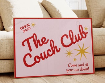Couch Club Print, Retro Living Room Wall Art, Pink and Red Couch Poster