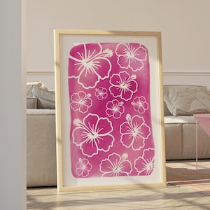 Pink and Purple Print, Hibiscus Flower Print, Colourful Poster, Hand Drawn Art, Hawaii Print, Pink Flower Print, Trendy Bedroom Wall Art