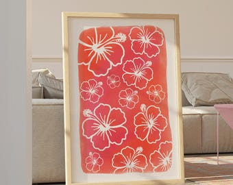Pink and Orange Hibiscus Flower Print, Hand Drawn Tropical Wall Art