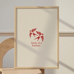 Impresión de pájaros, arte de pared para dormitorio, impresión de pájaros de una pluma, regalo de San Valentín para ella, impresión de San Valentín, arte de pared retro lindo, impresión minimalista