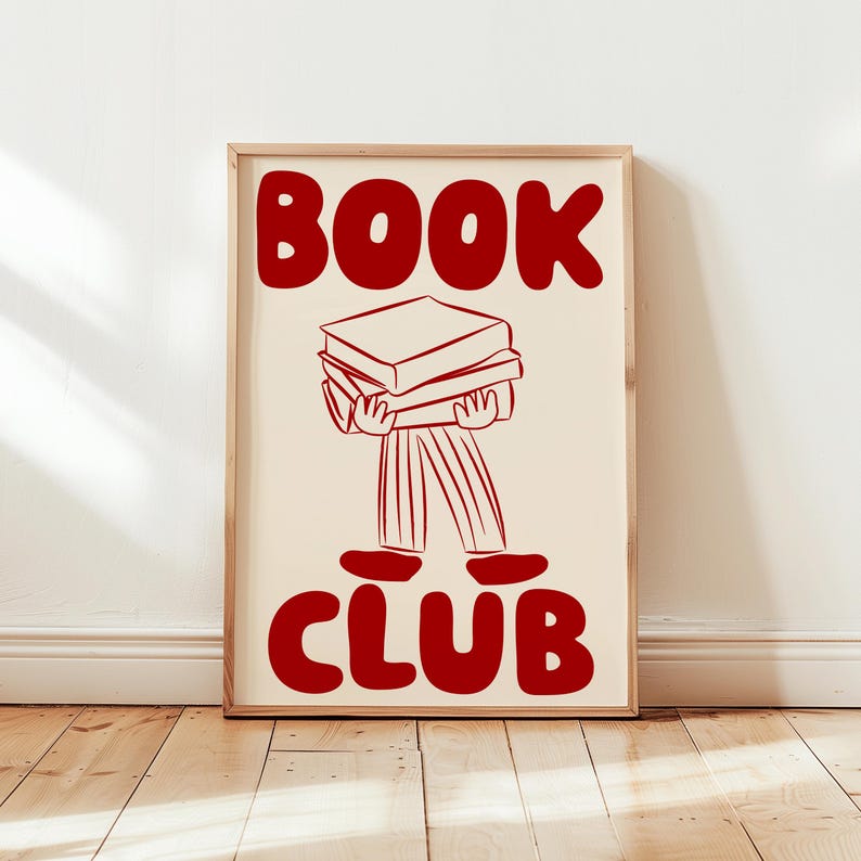 May include: A red and white poster with the text "BOOK CLUB" in large, bold letters. A stick figure illustration of a person carrying a stack of books is below the text.