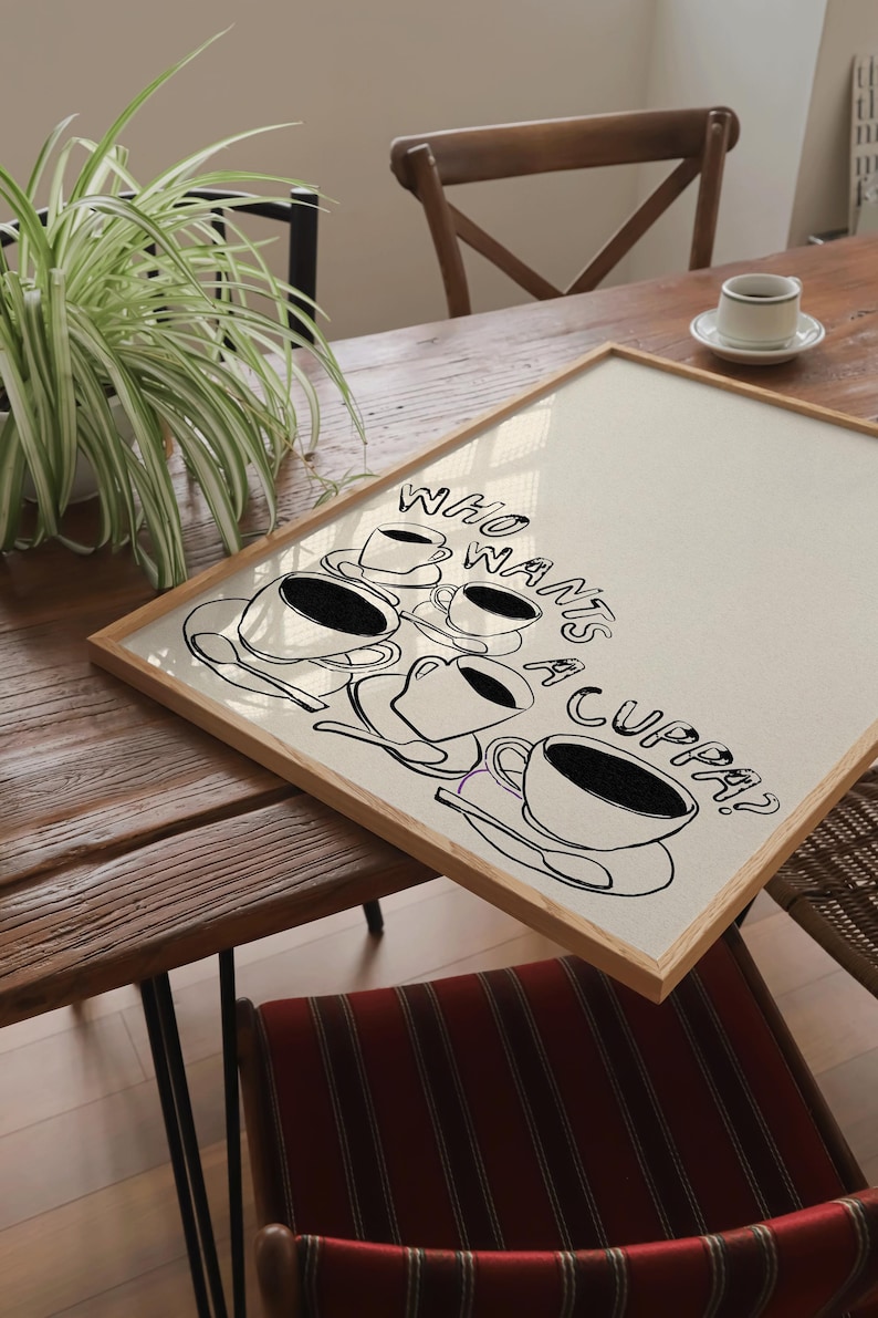 May include: A framed print with a white background and black text that reads "Who wants a cuppa?" with a drawing of five teacups and saucers.