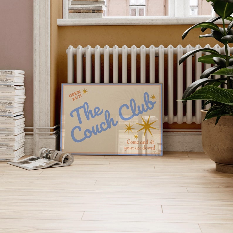 Couch Club Living Room Print, Retro Y2K Wall Art, Blue Decor image 1