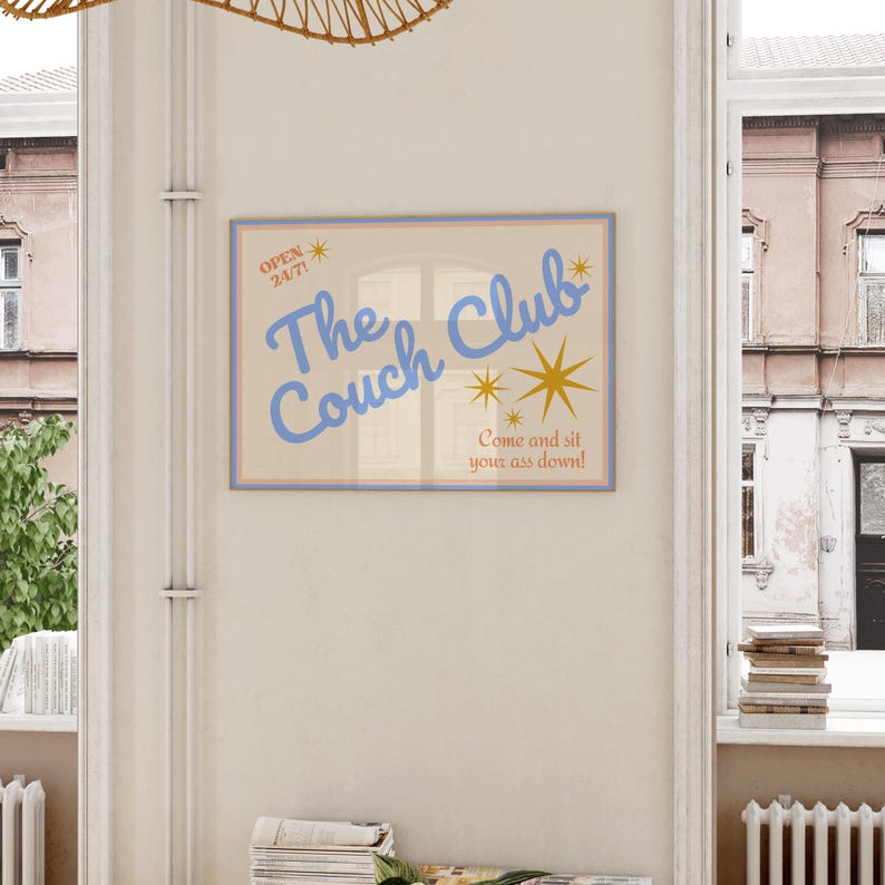 Couch Club Living Room Print, Retro Y2K Wall Art, Blue Decor image 4