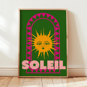 Boho Sun Art Print, Retro Soleil Wall Art, Bold Sunburst Poster, Vintage Sun Art, Green and Pink Art, European Art, French Poster