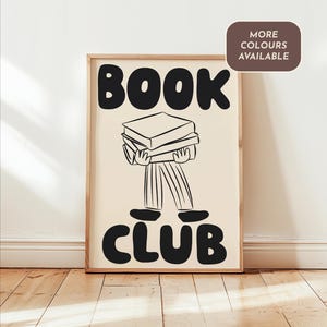 May include: Black and white illustration of a person carrying a stack of books with the text "BOOK CLUB" in bold black letters.